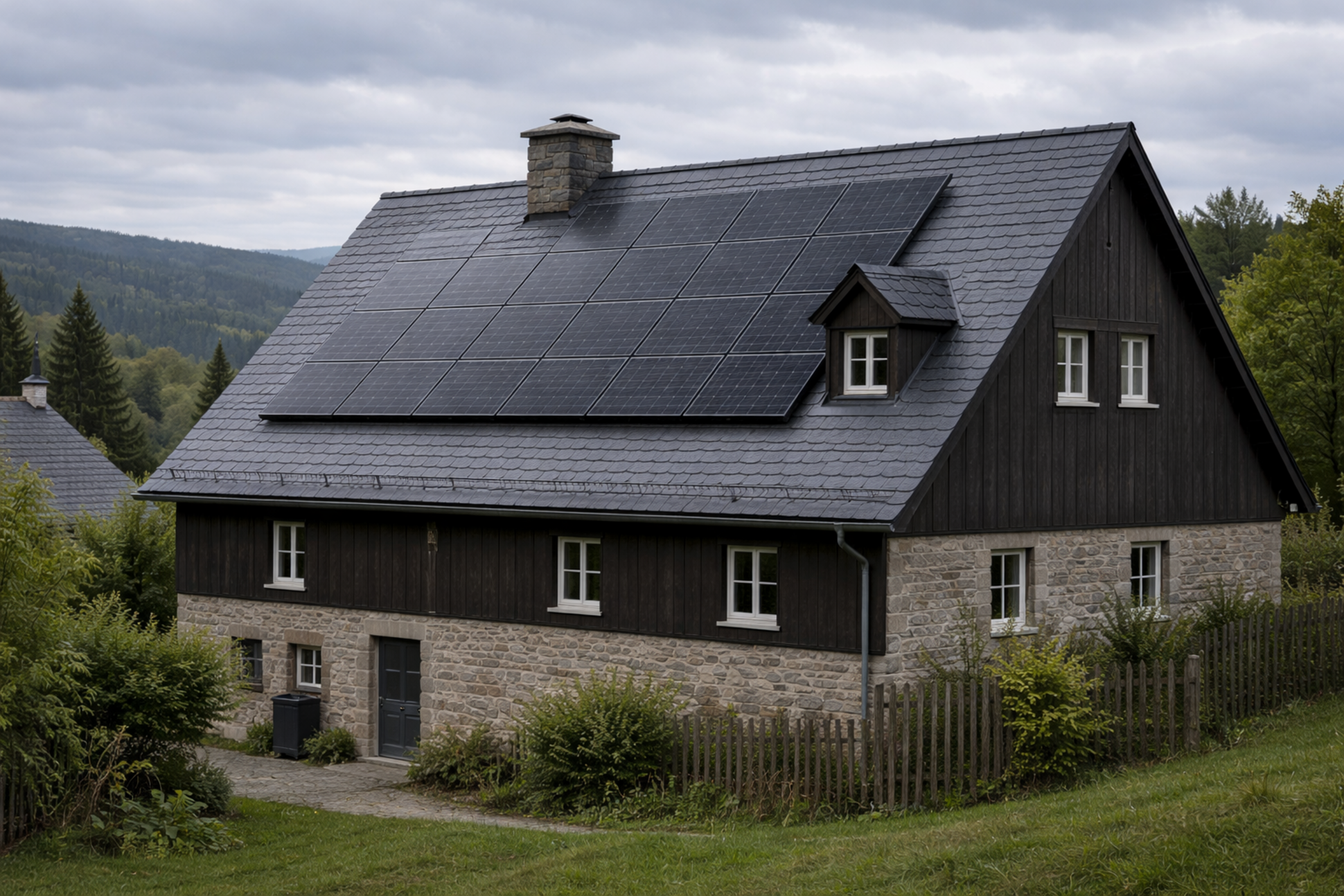 Bauernhaus im Erzgebirge mit PV-Anlagen