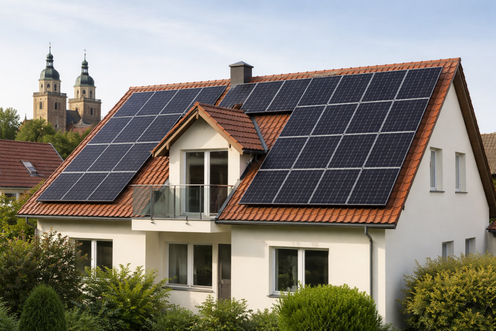 Einfamilienhaus mit Solaranlage und Kirchenblick