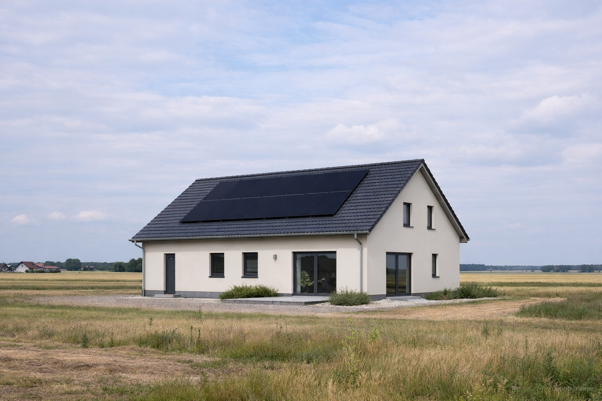 Modernes Haus mit Solarzellen im Feld
