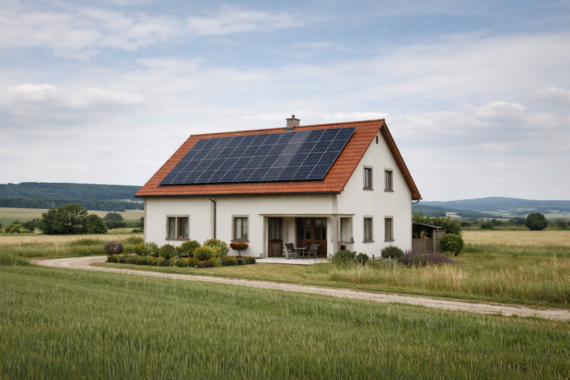 Haus mit Solarpanelen in ländlicher Umgebung
