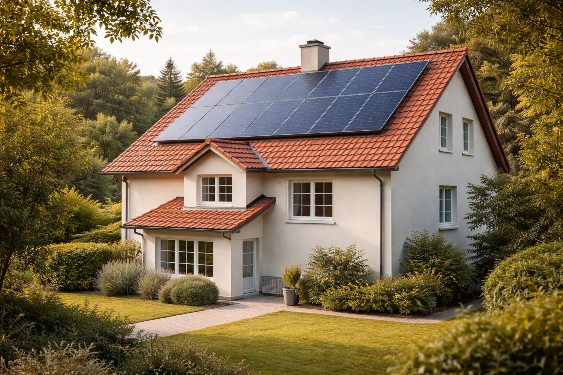 Haus mit Solarpanelen bei Abendlicht