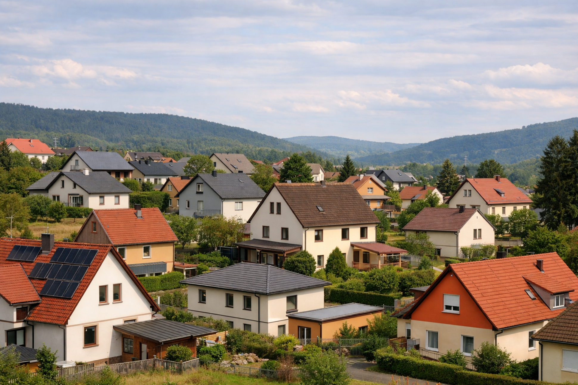 Dorfhausidylle zwischen grünen Hügeln