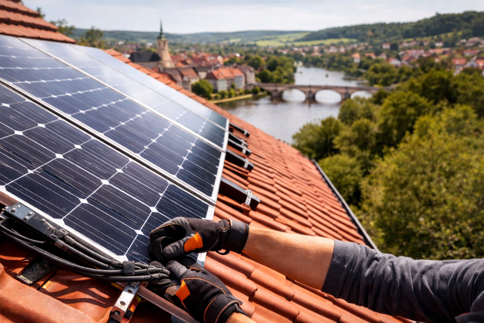 Hände die PV-Module auf Dach montieren