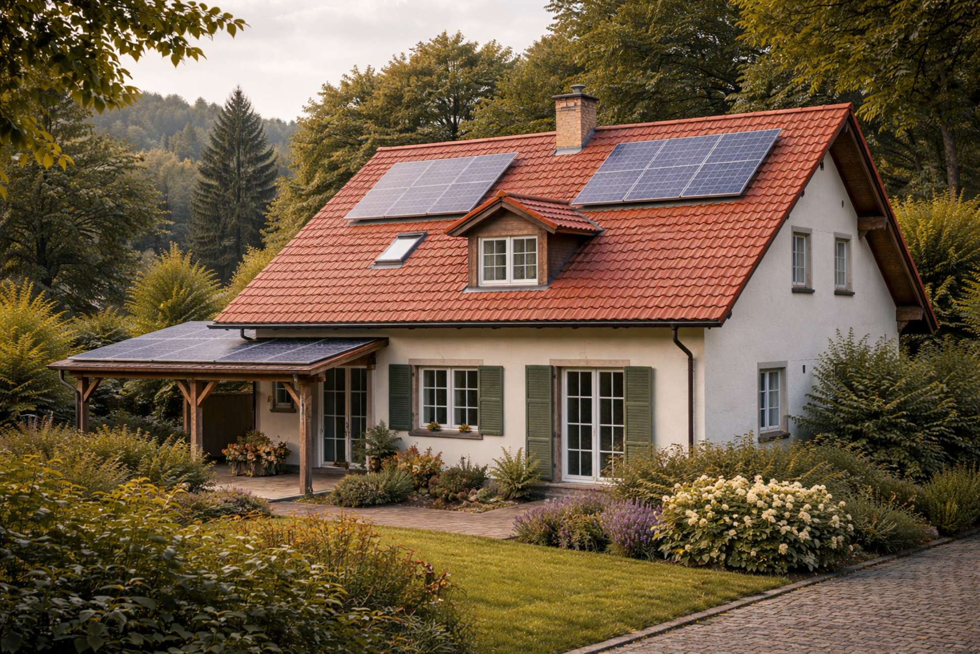 Einfamilienhaus mit Solarpanelen im Garten