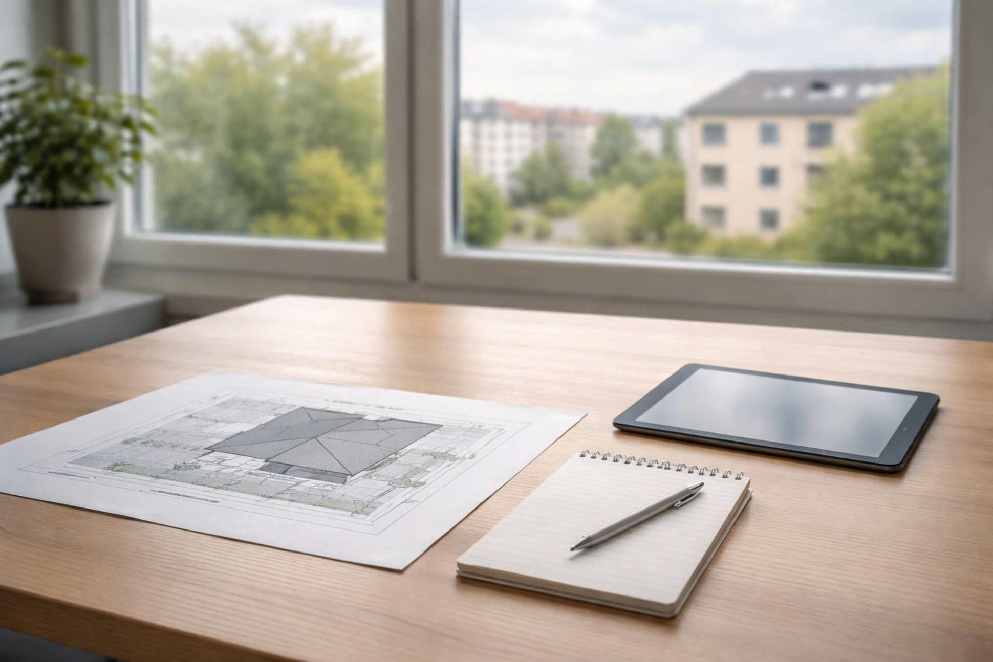 Besprechungstisch mit Architektenplan und Tablet