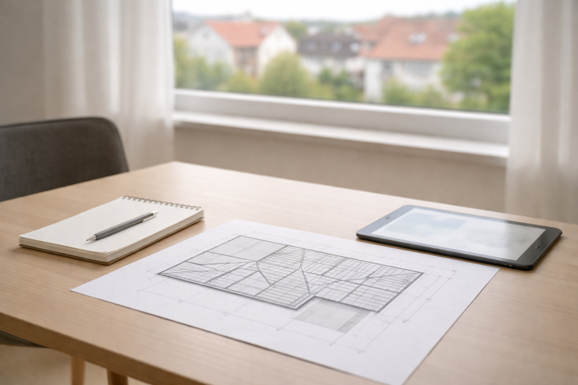 Architekturzeichnung auf einem Schreibtisch