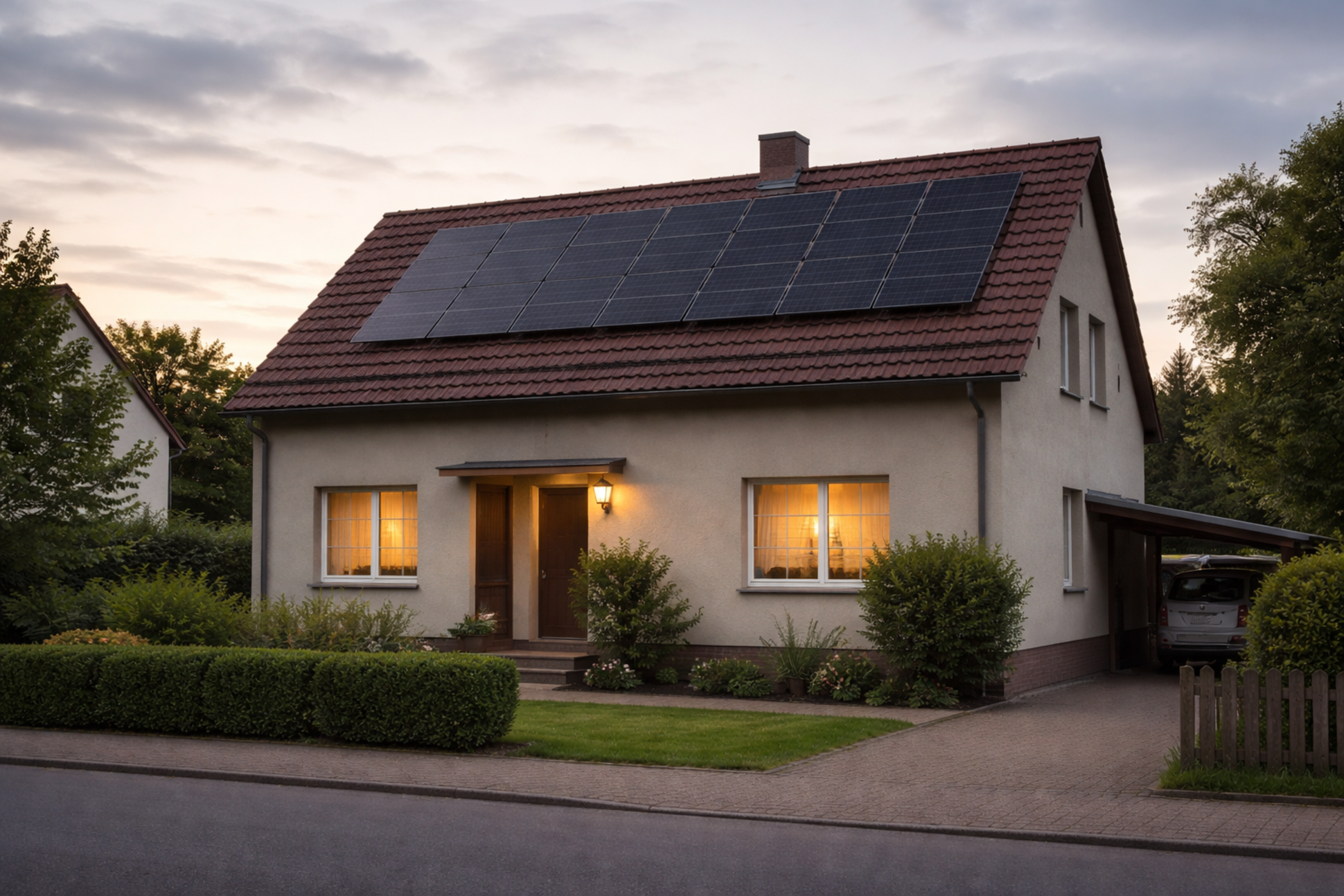 Traditionelles Haus bei Sonnenuntergang mit PV-Anlage