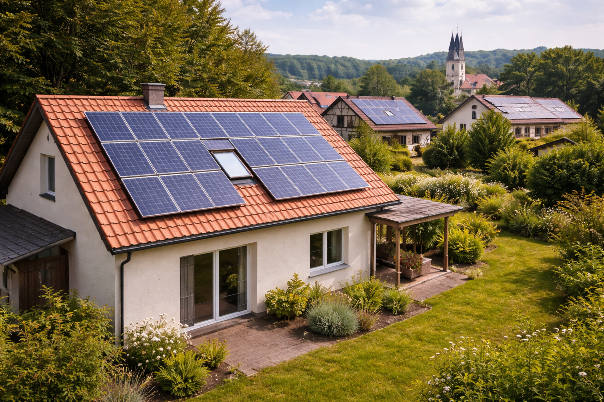 Idyllisches Haus mit Solarpanelen