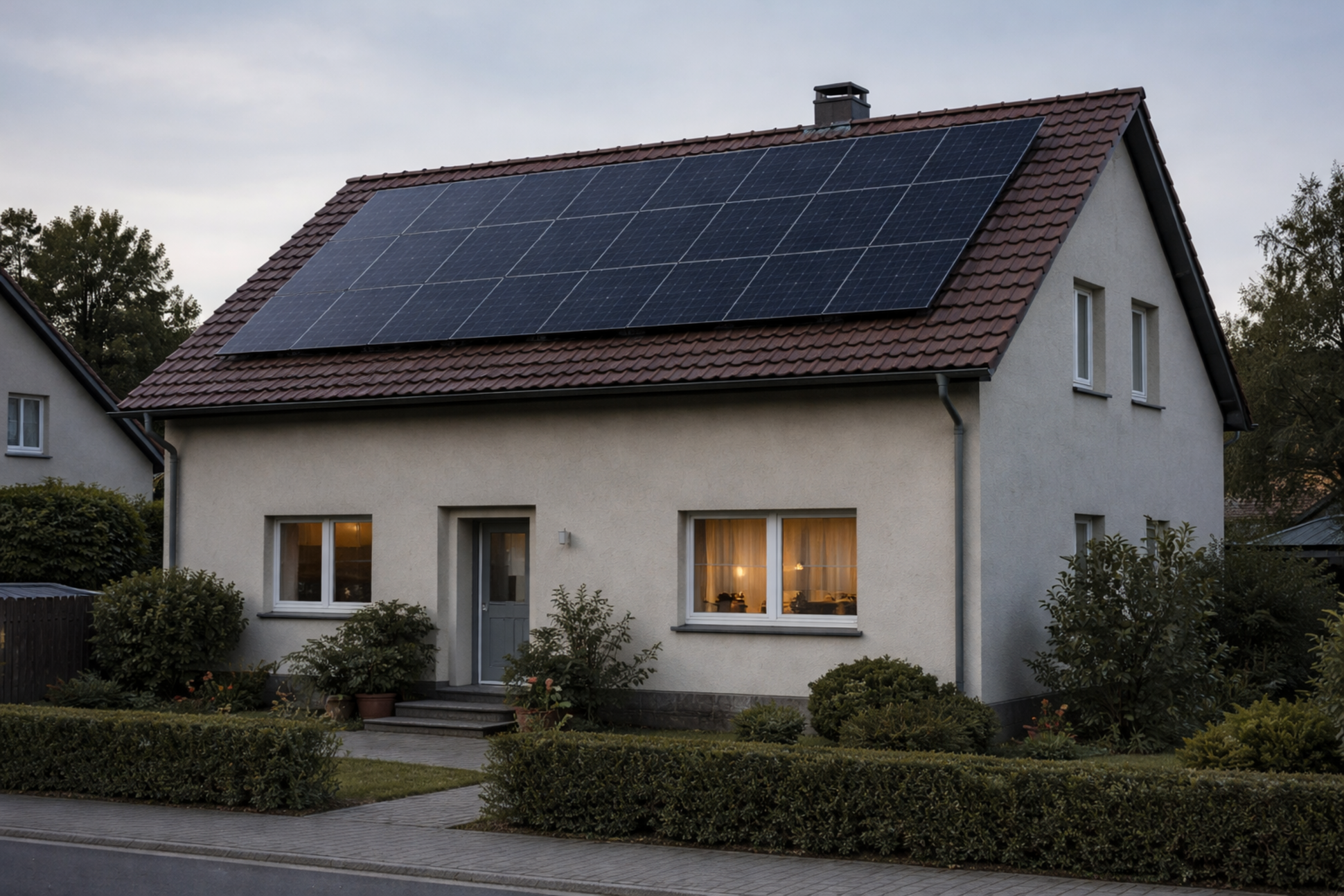 Haus mit Solarpanels im Abendlicht