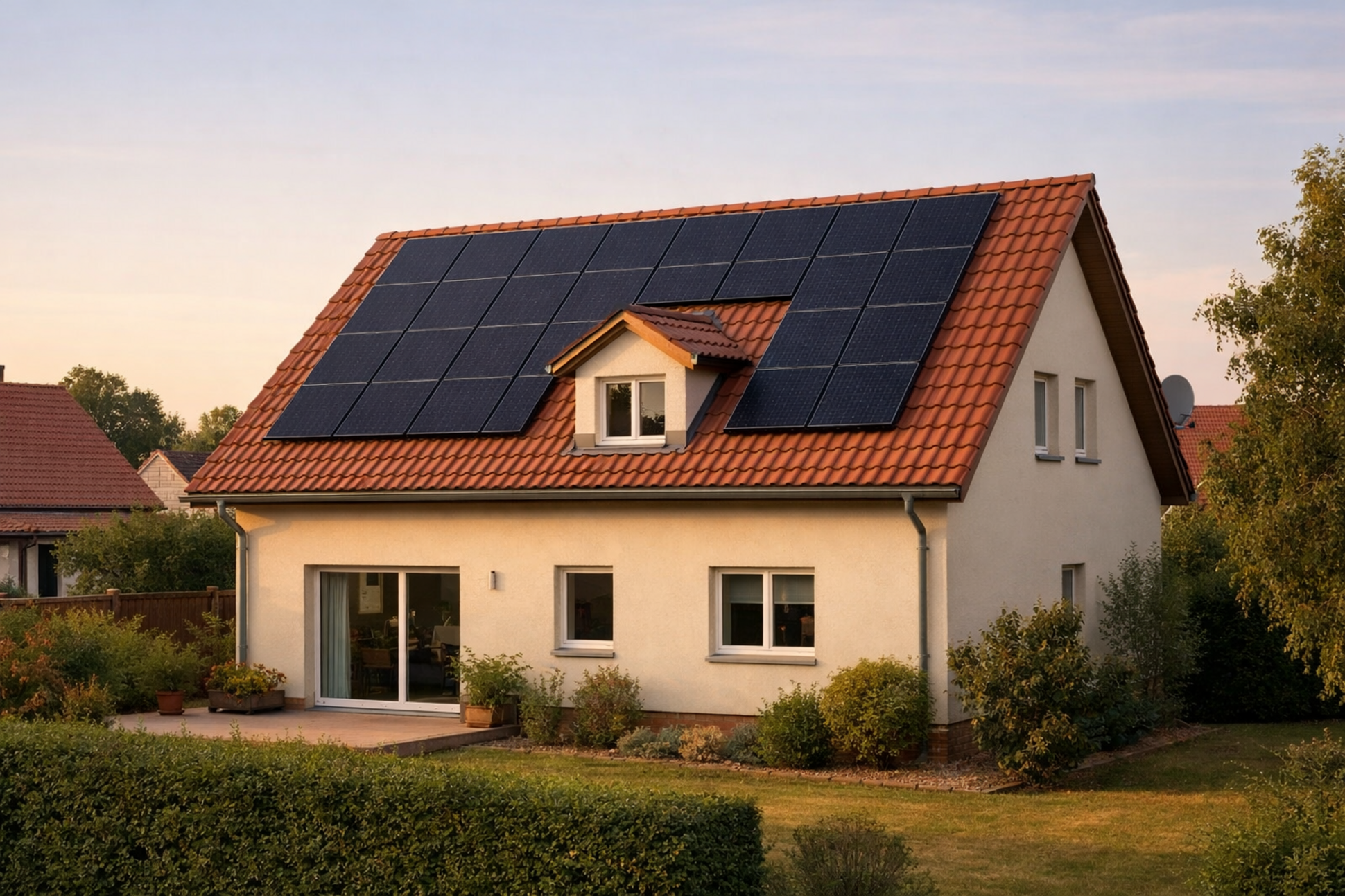 Zweifamilienhaus mit Solarpanels bei Sonnenuntergang