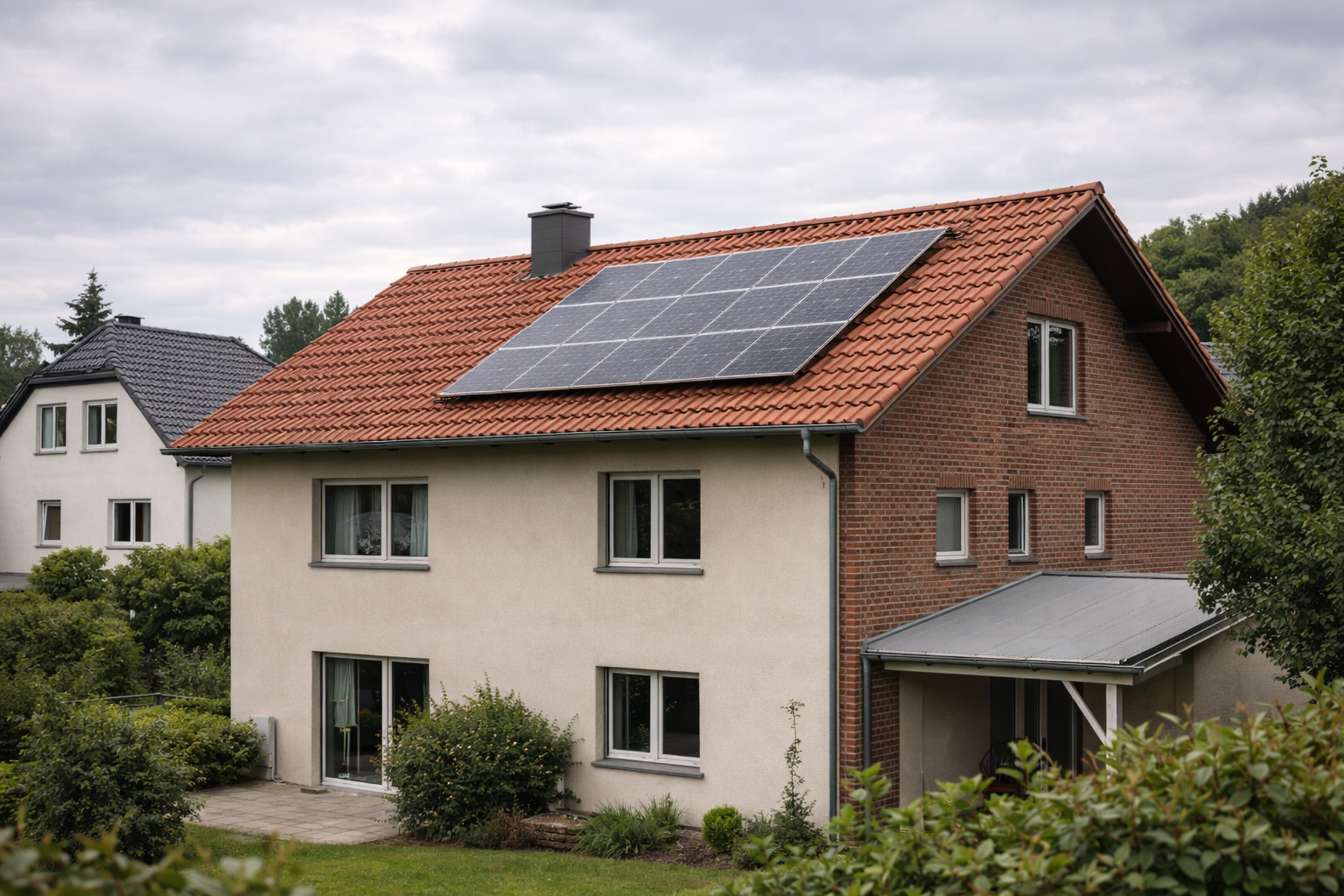 Beiges Haus mit Solarpanelen