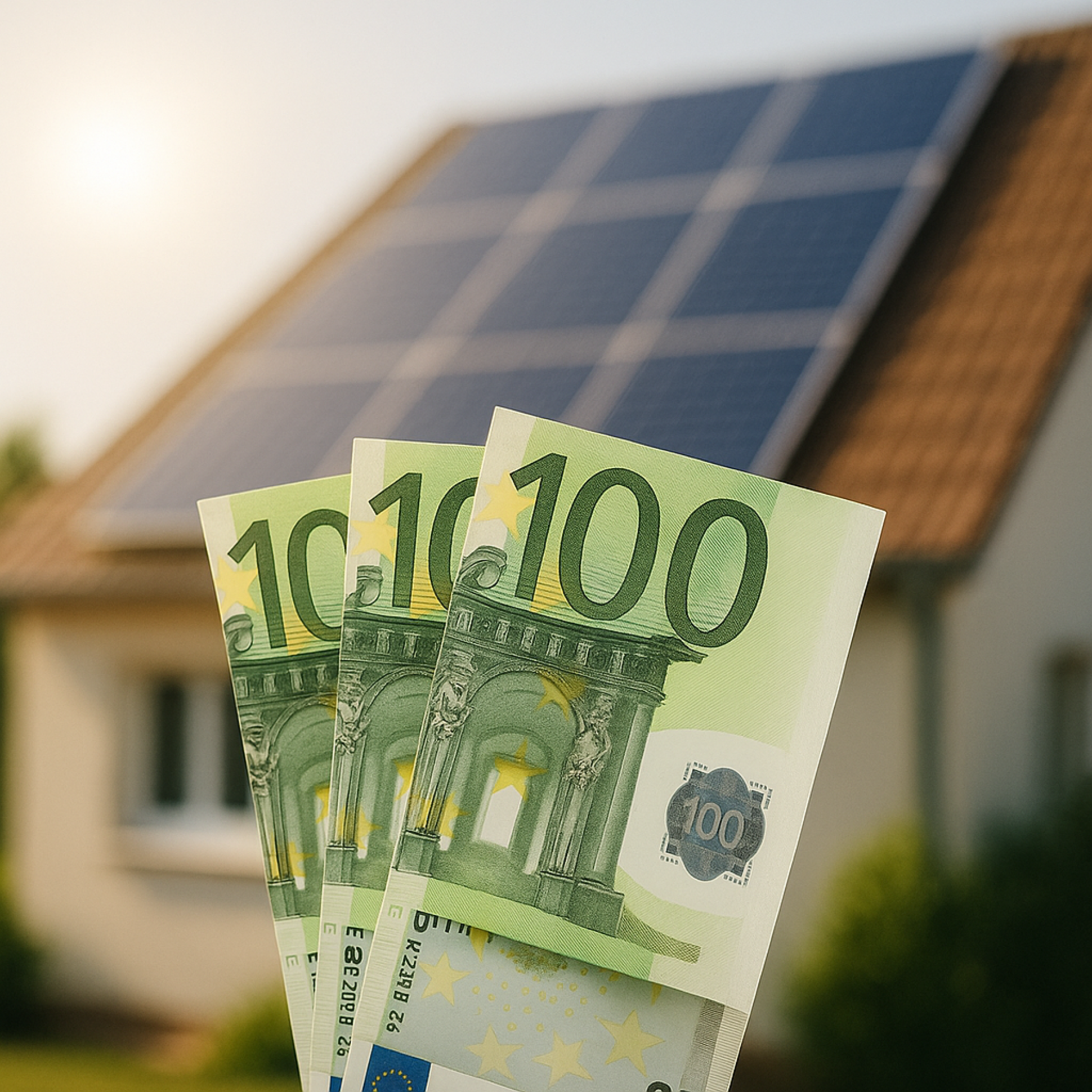 Foto von 3 100 Euro scheinen vor Haus mit PV-Anlage