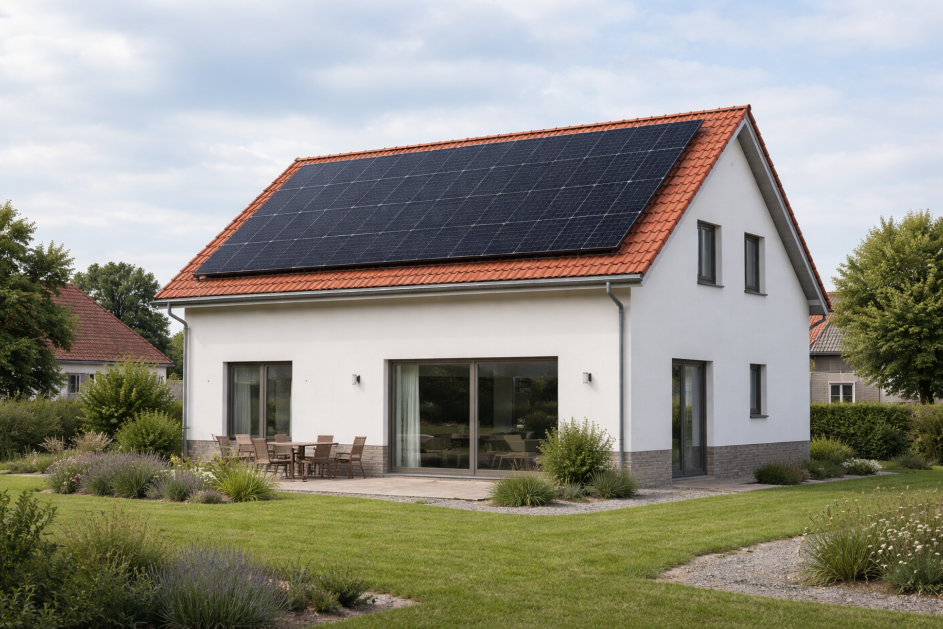 Modernes Haus mit Solarzellen im Grünen
