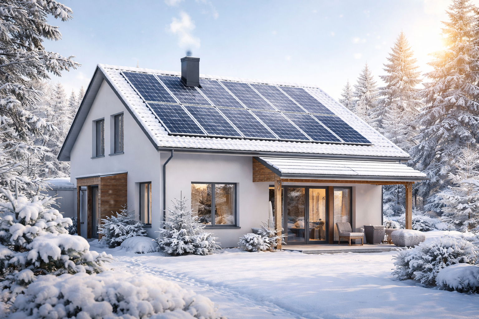 winterliches Haus mit PV-Anlage