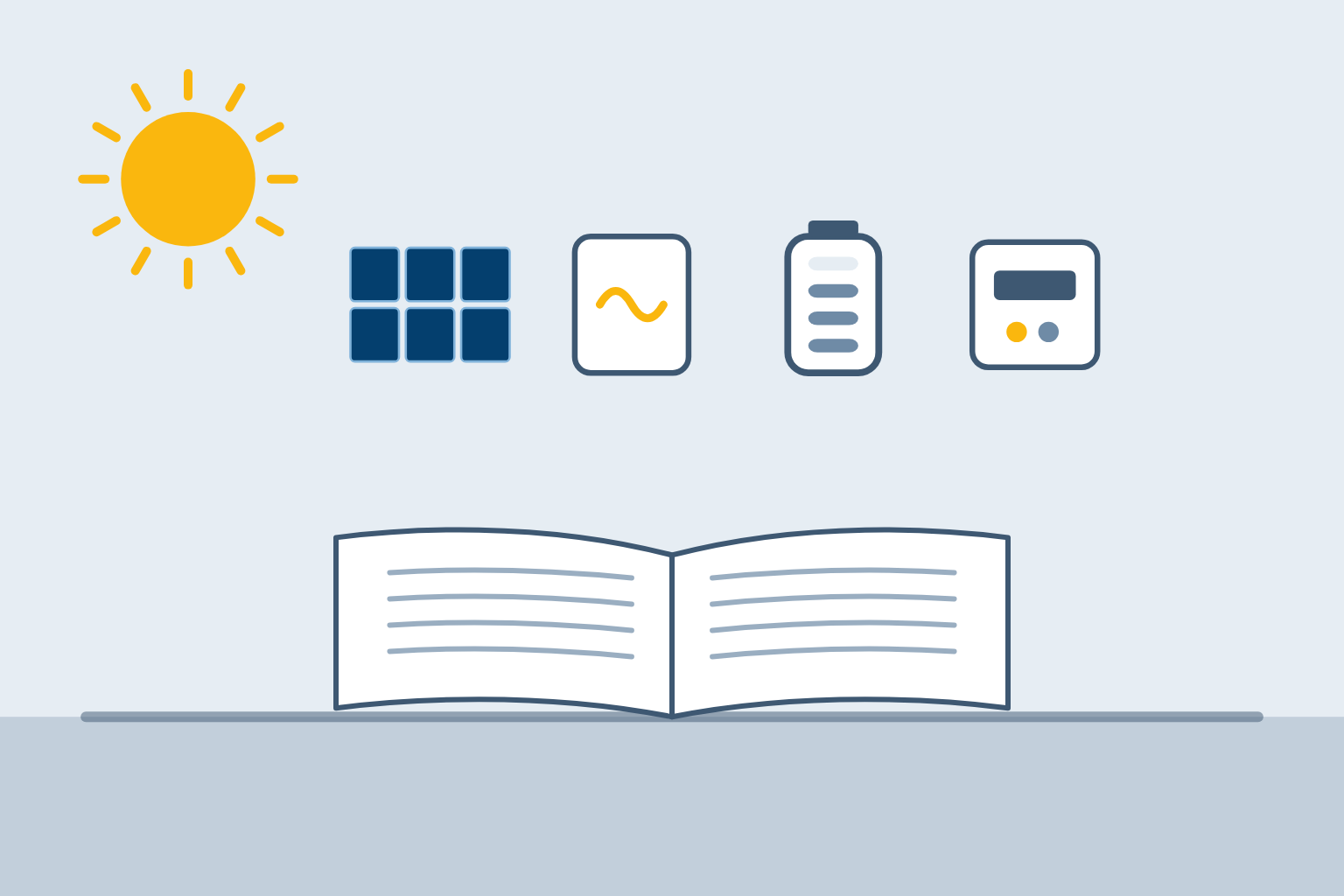 Aufgeschlagenes Buch, darüber Symbole für Solarmodul, Wechselrichter, Speicher und Stromzähler