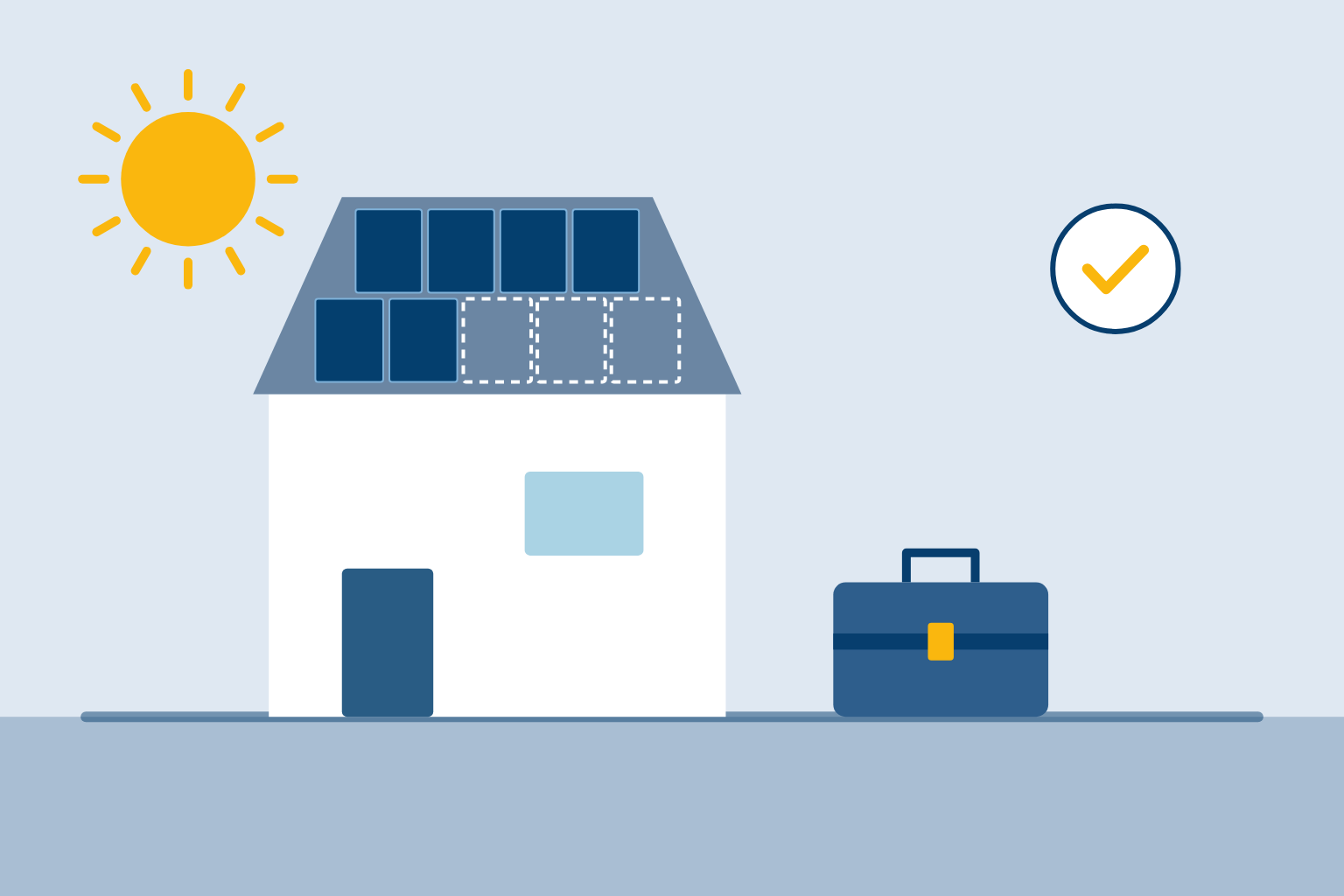 Haus mit teilweise montierter Solaranlage, einige Module fehlen noch, daneben ein Werkzeugkoffer