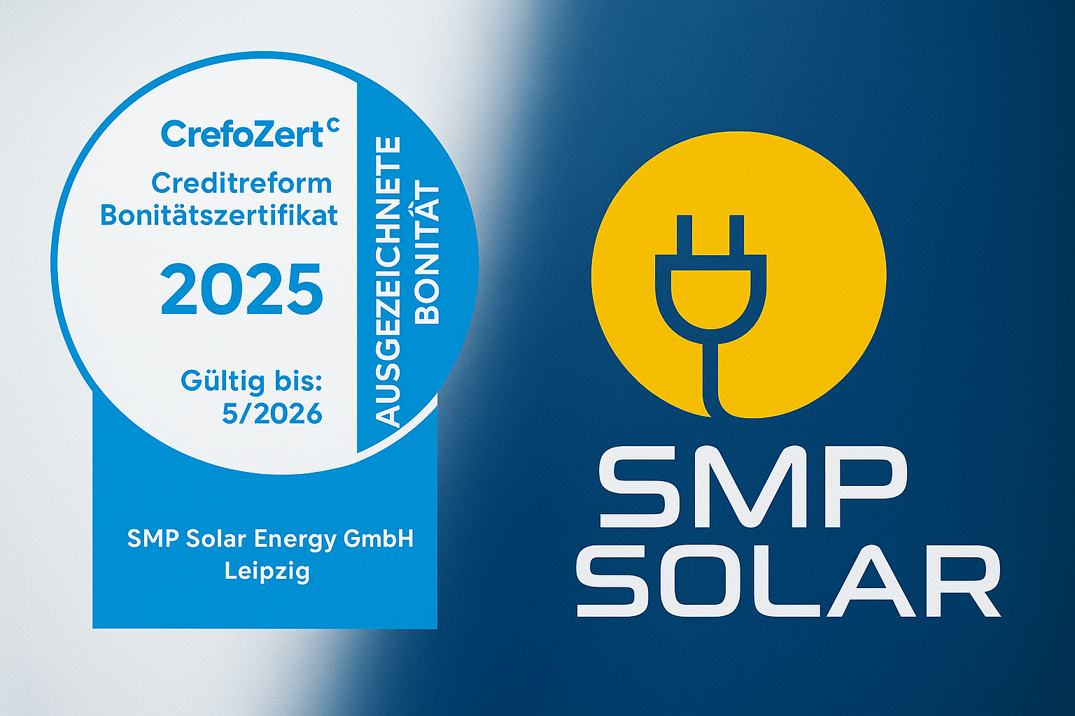 CrefoZert 2025 Siegel und Logo der SMP Solar Energy GmbH nebeneinander – Auszeichnung für hervorragende Bonität und wirtschaftliche Stabilität