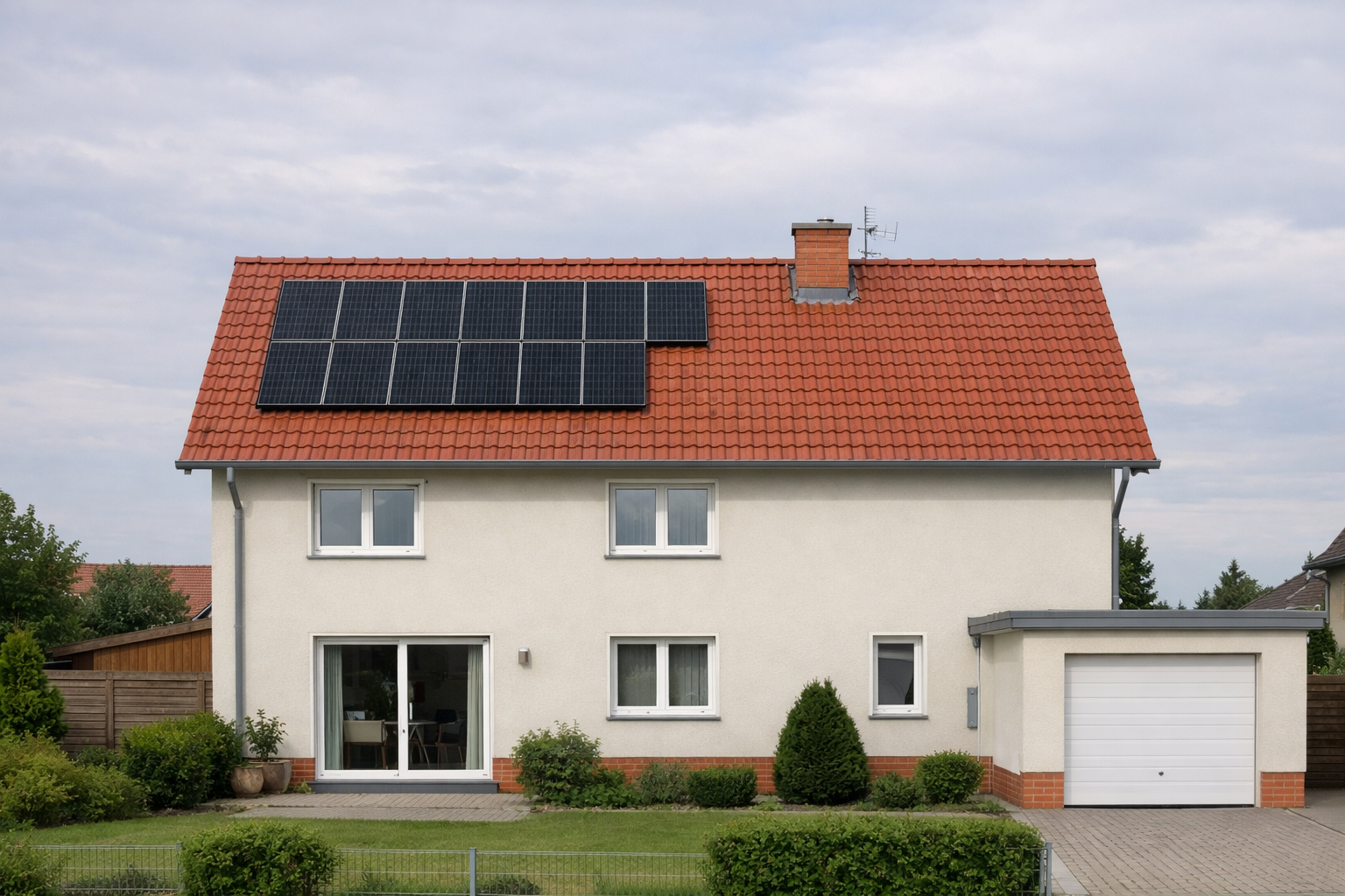 Haus mit Solarmodulen und Garten