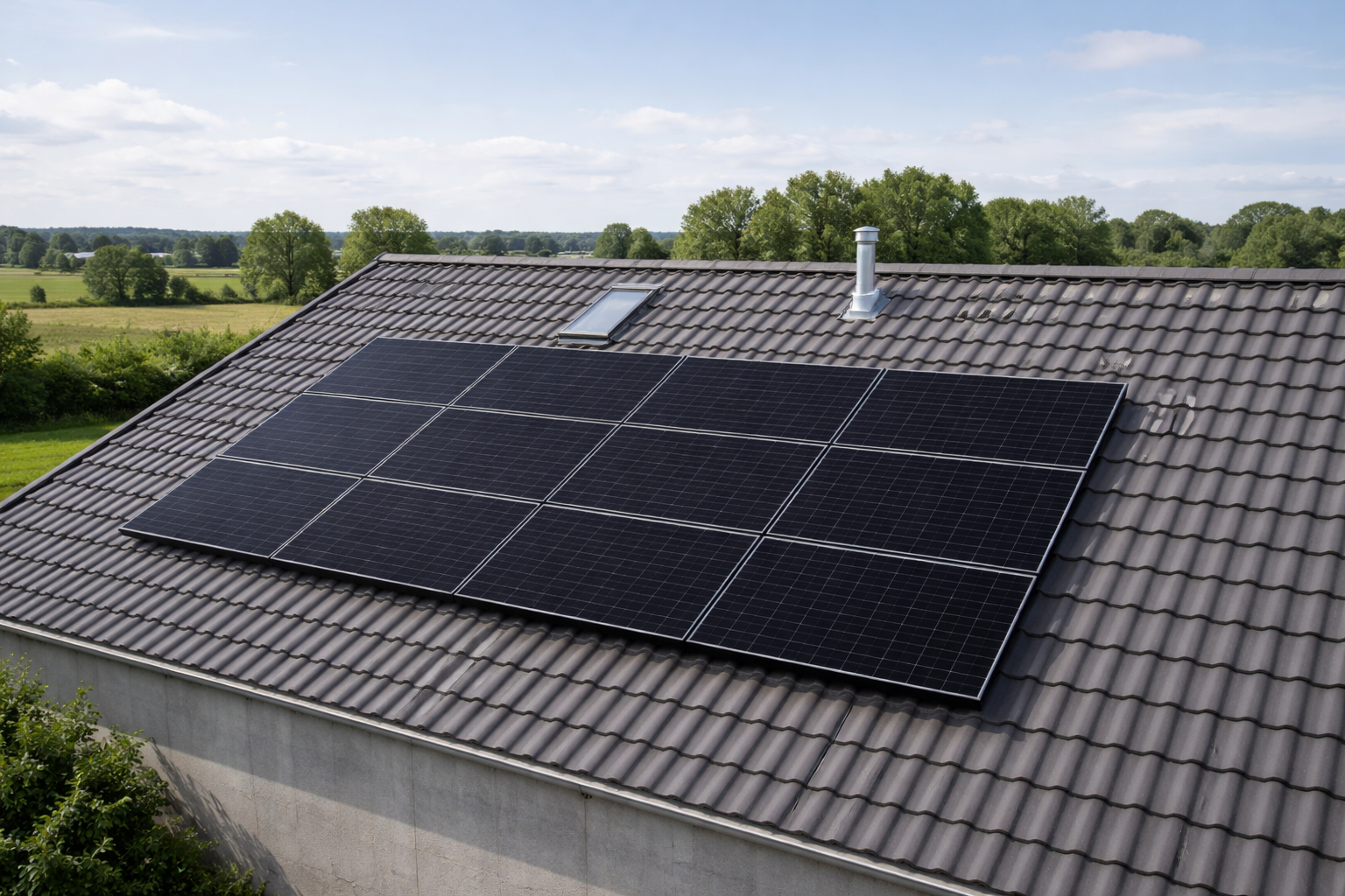 Solaranlage auf einem Dach mit Blick auf die Landschaft