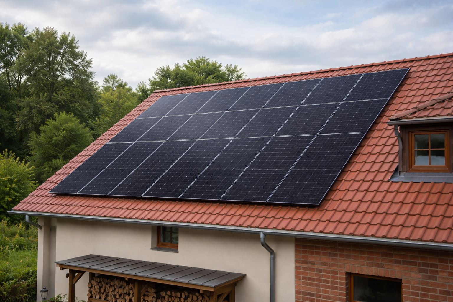 Haus mit Solarpanel-Anlage auf dem Dach