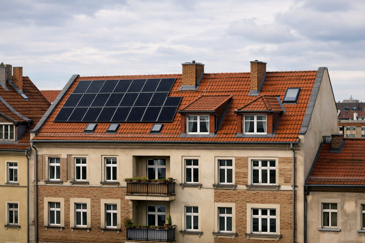 Städtisches Wohngebäude mit Solarpanels