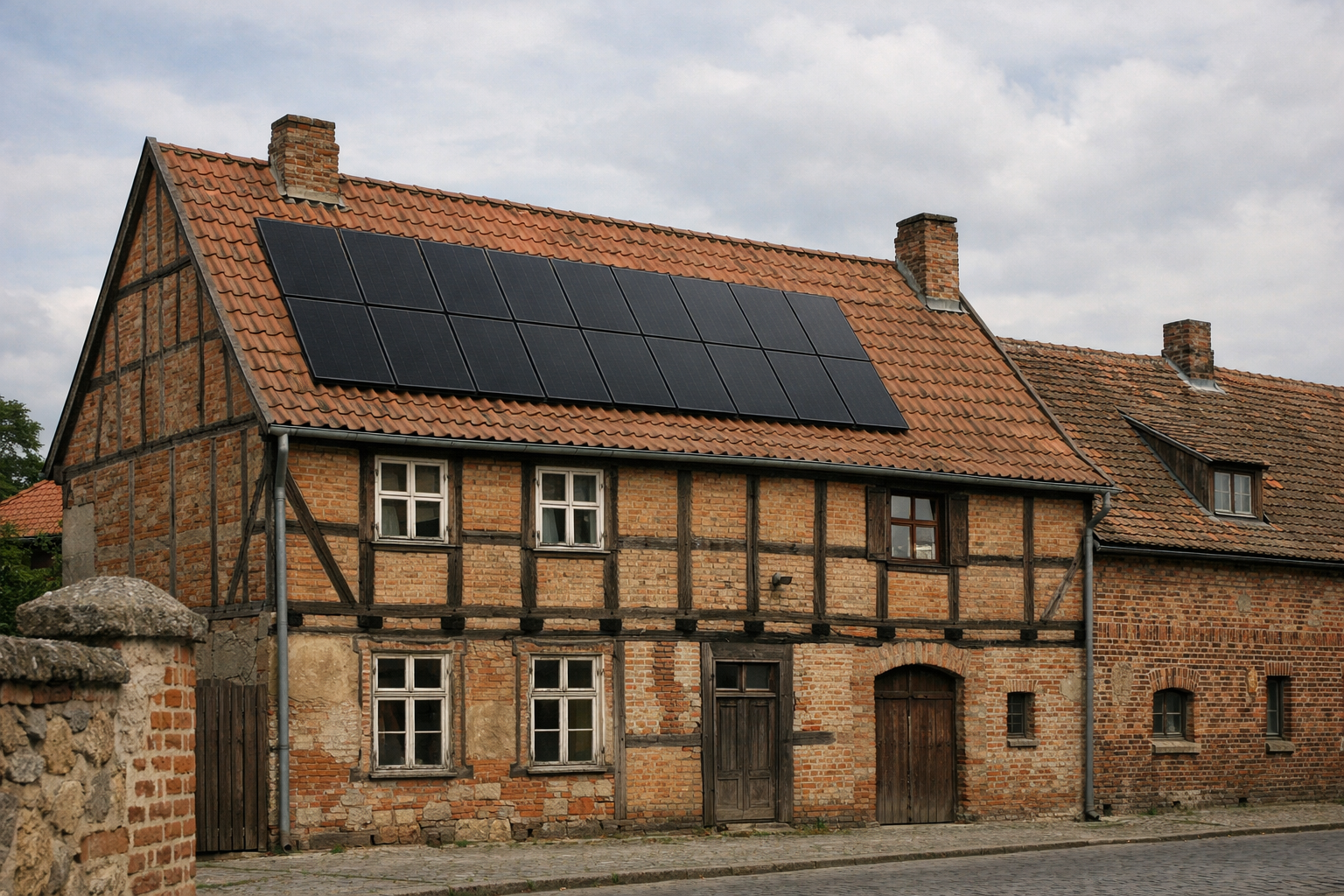 Historisches Fachwerkhaus mit Solarpanelen