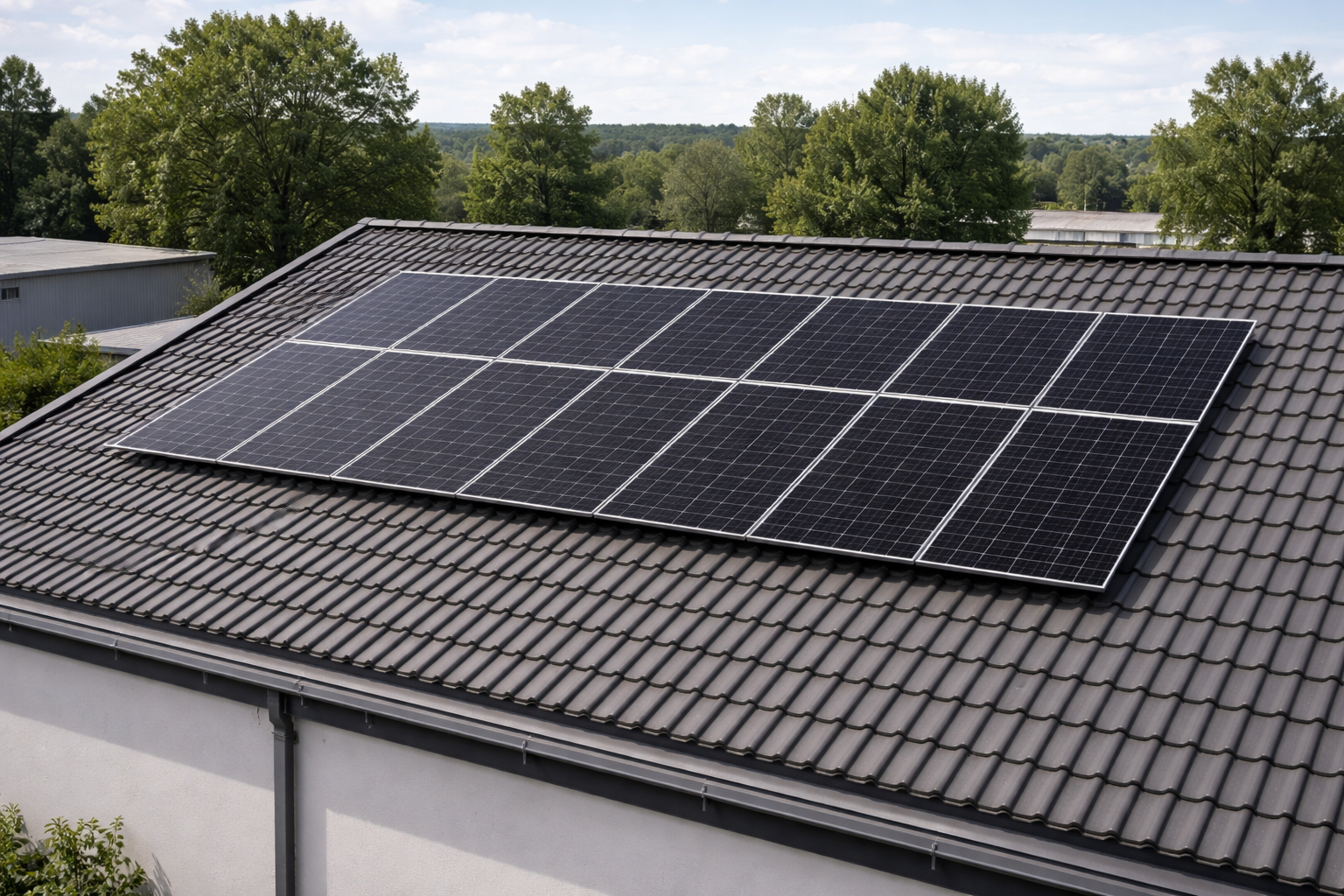 Solaranlage auf Industriebau mit grüner Umgebung
