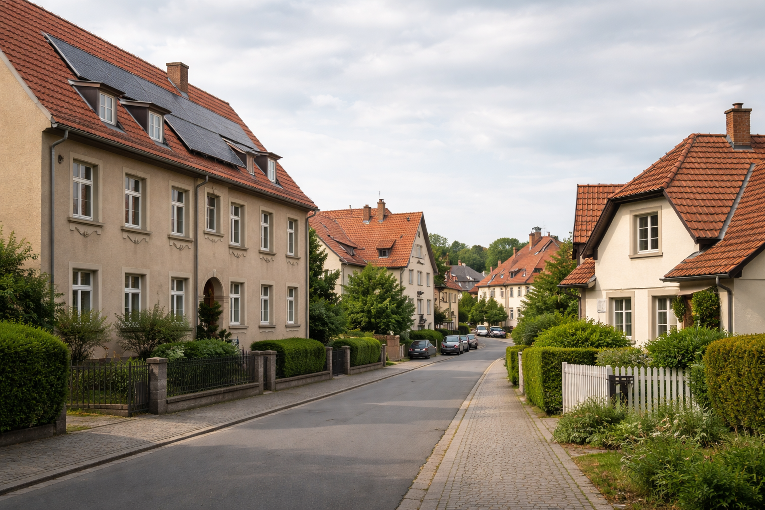 Ruhevolle Straße mit typischen Häusern