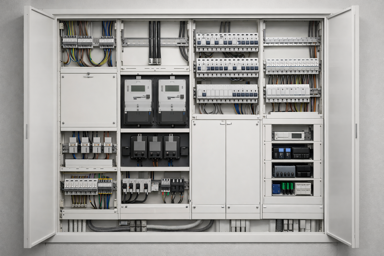 Verteilerkasten mit Stromzählern und Schutzeinrichtungen