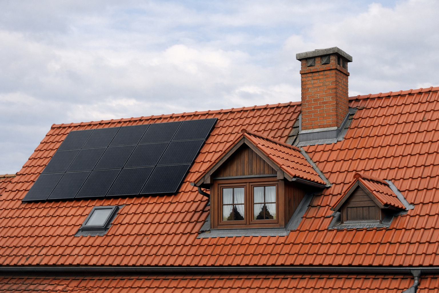 Traditionelle Dachlandschaft mit Solarpanelen