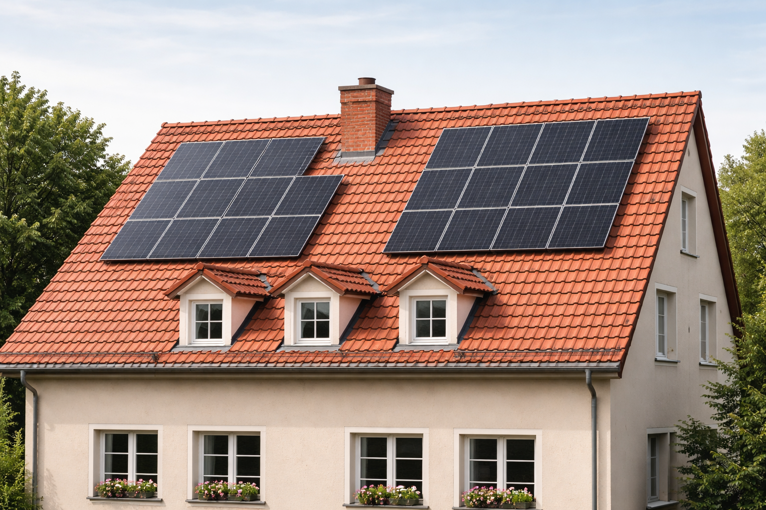 Haus mit Solaranlage und Ziegeldach