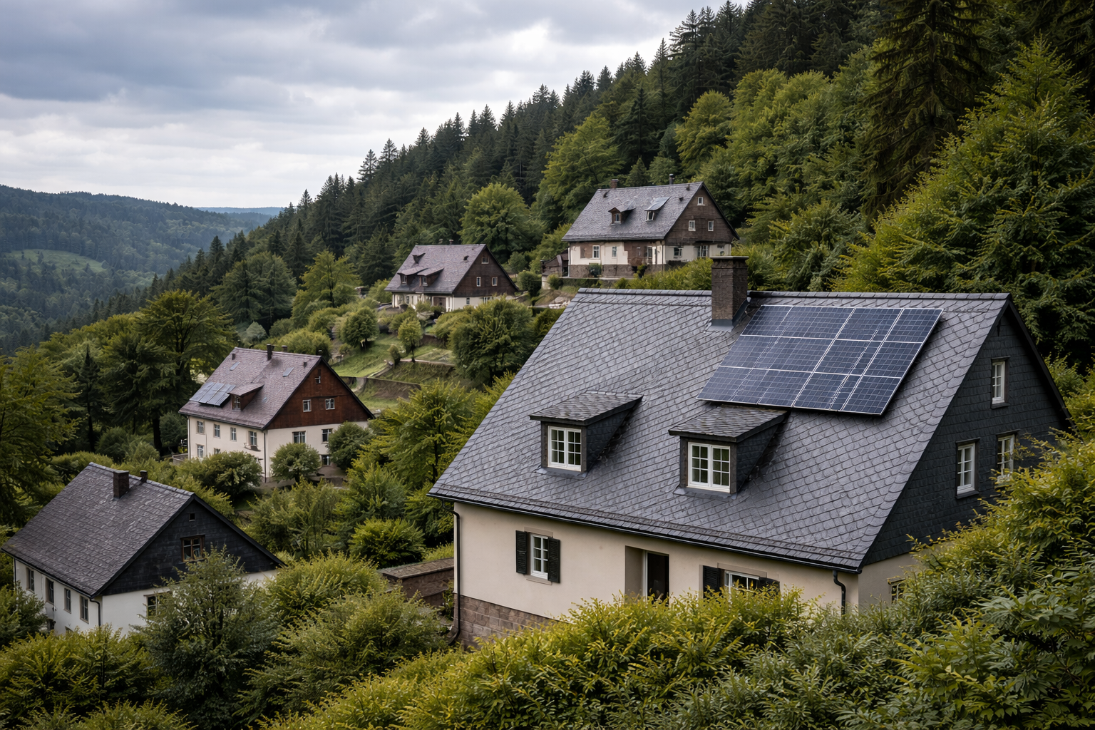 Häuser in Hanglage mit PV-Anlage