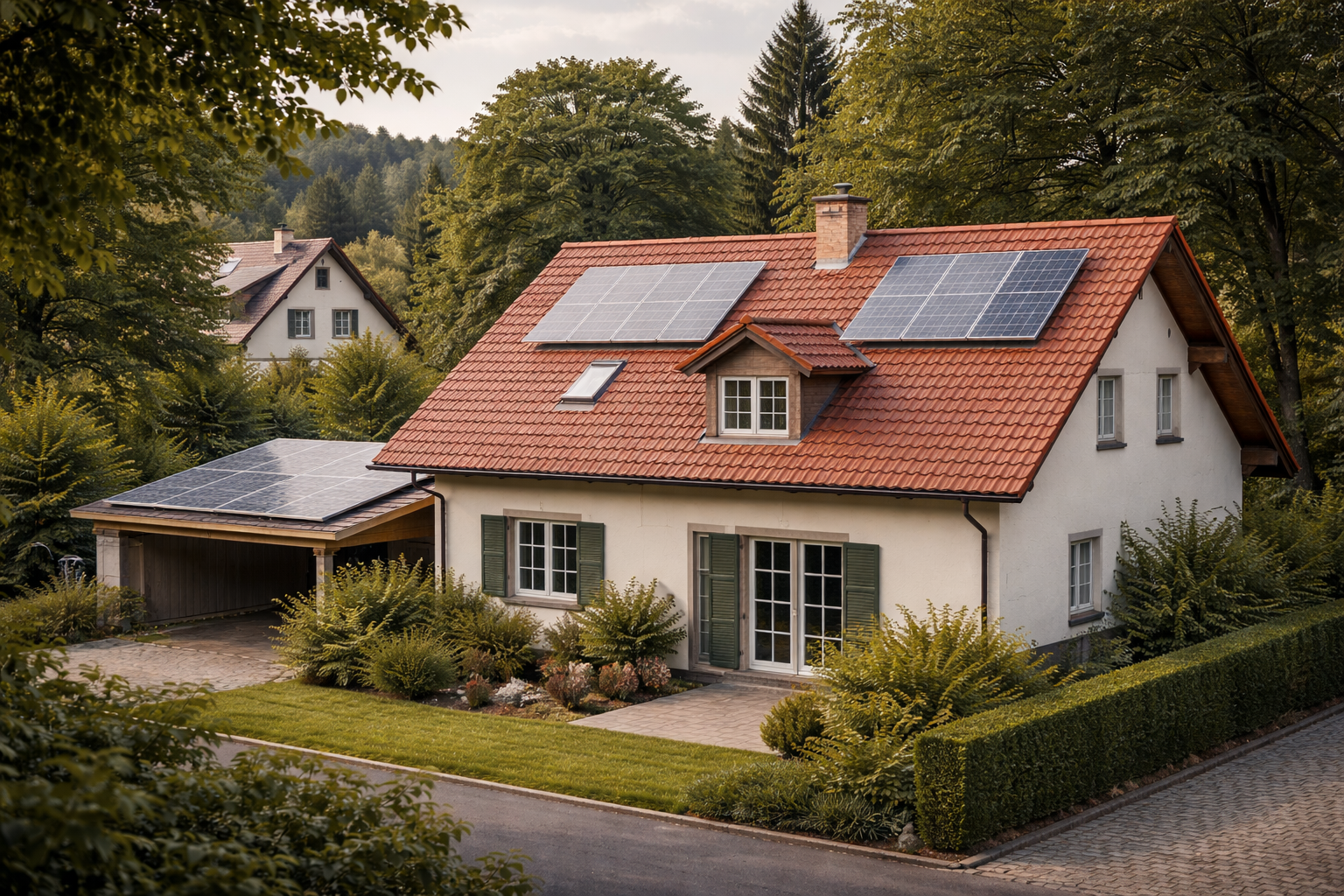 Energiesparhaus mit Solaranlagen und Garten