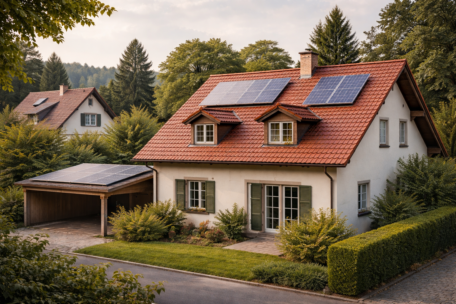 Häuser mit Solarpaneelen im Sonnenschein