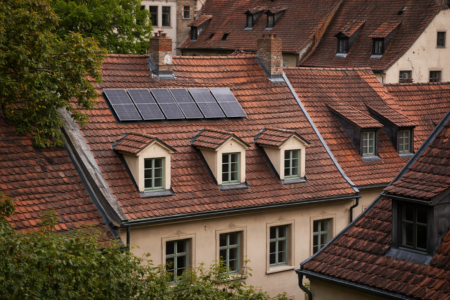 Historische Dächer mit Solarpanels