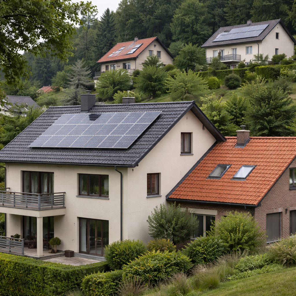 Zweistöckiges Haus mit Solarpanelen