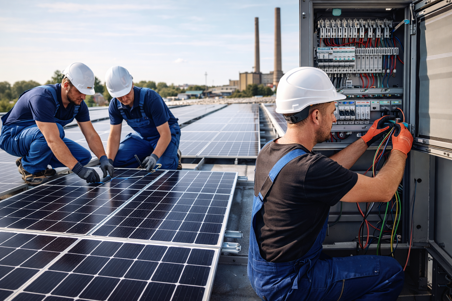 Handwerker vor PV-Anlage