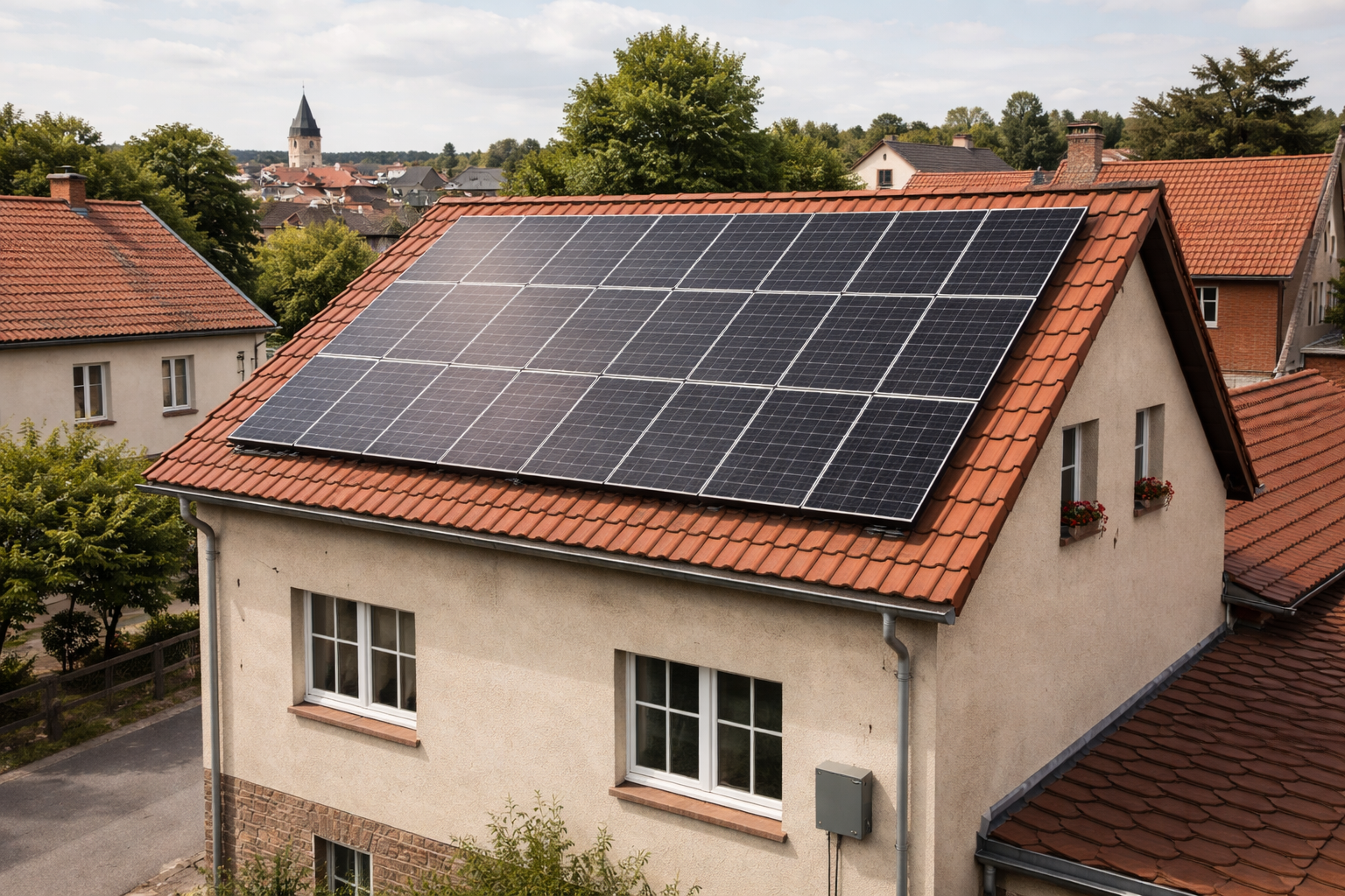 Haus mit Solaranlage und Blumenkästen