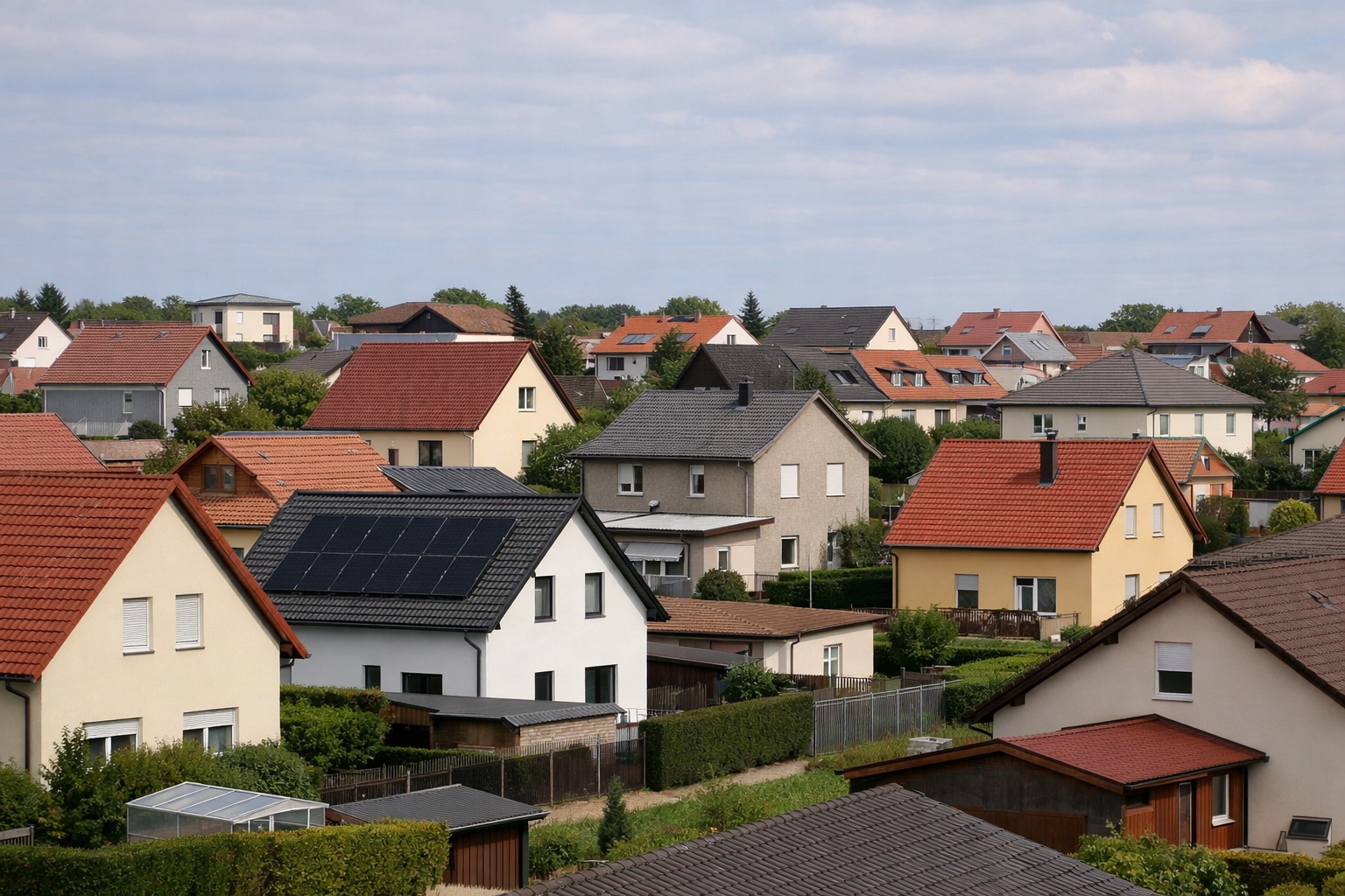 Vorortidyll mit grünen Gärten