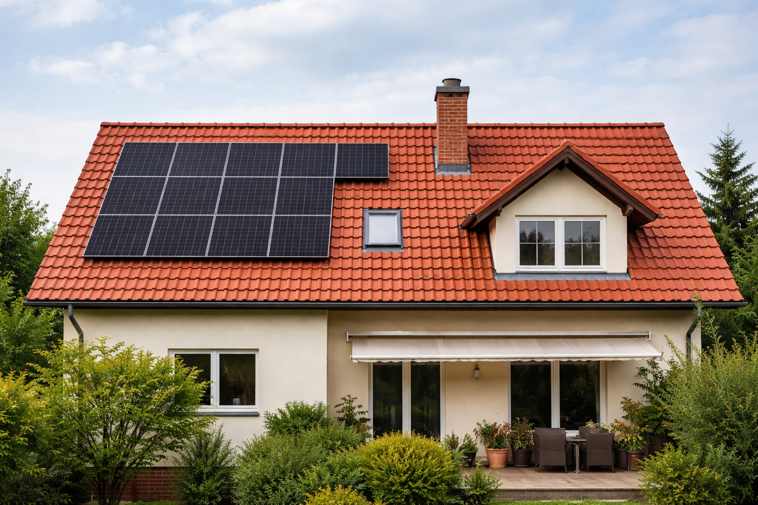 Haus mit Solaranlage und Garten