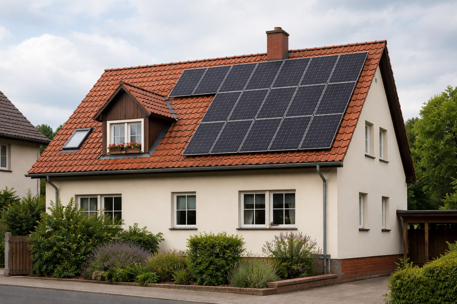 Haus mit Solarpanels und Garten