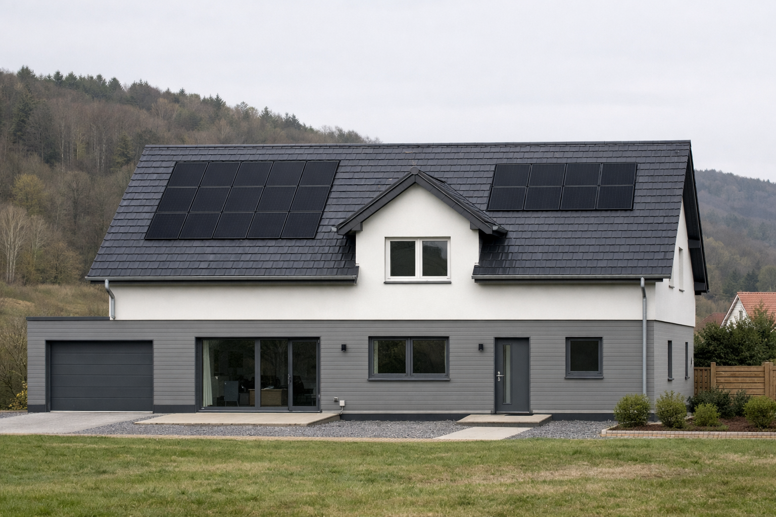 Modernes Haus mit Solarmodulen im Grünen