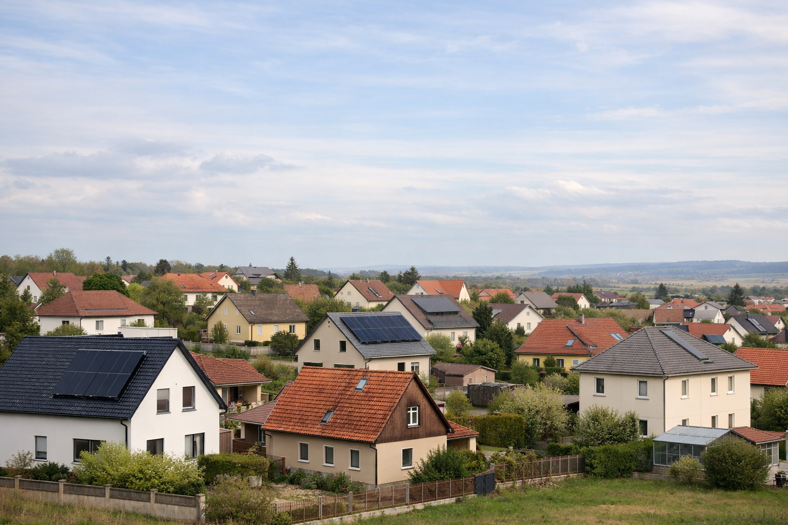 Wohnhäuser mit vielfältigen Dächern und Gärten