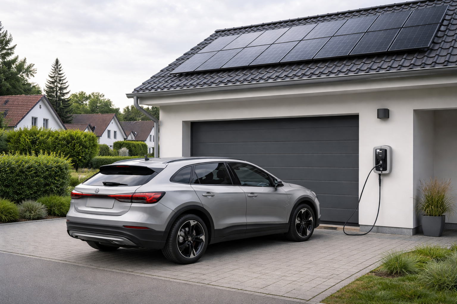 Modernes Gebäude mit Wallbox und E-Auto